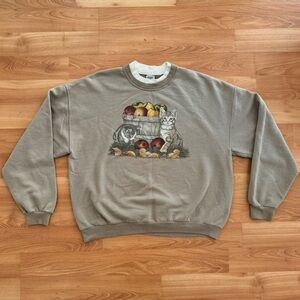 Gray Cat Print Crew Neck Sweater